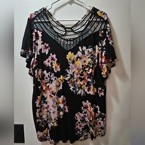 Floral Black Top with Mesh Detail